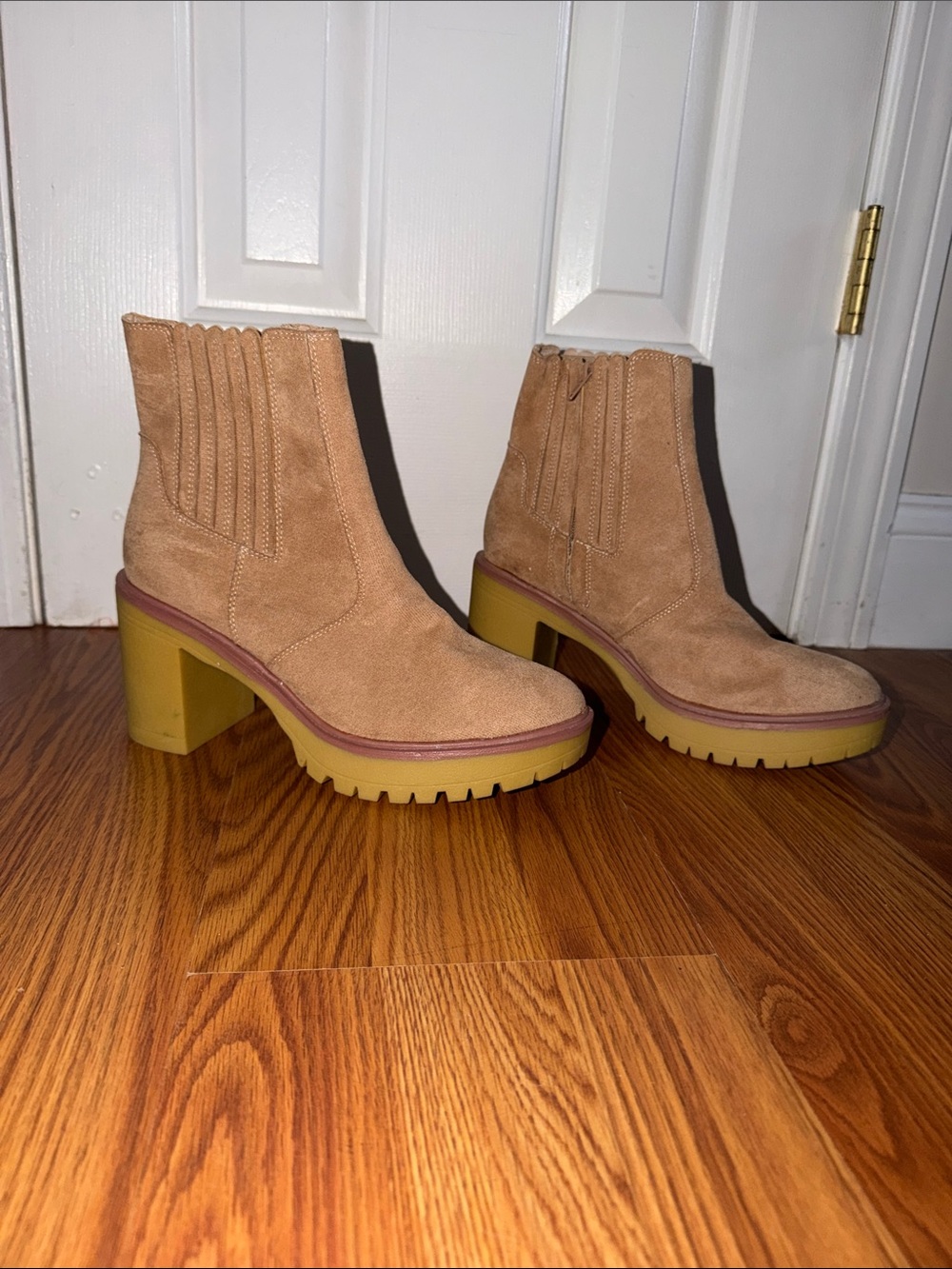 Chunky Heel Tan Suede Ankle Boots with Lug Sole